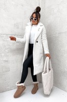 Długi płaszcz damski zimowy Teddy kożuch baranek ecru