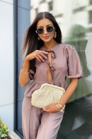 Bluzka damska DORIS z wiskozy – fango, z kokardkami, krótki rękaw, styl boho