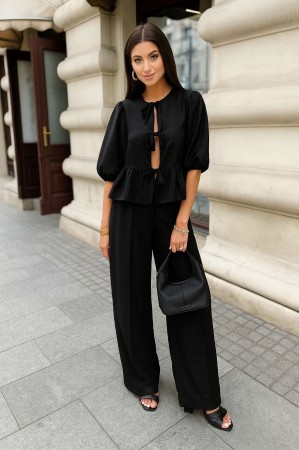 Bluzka damska DORIS z wiskozy – czarna, z kokardkami, krótki rękaw, styl boho