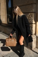 Długi płaszcz damski London II wiązany w pasie czarny