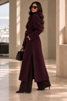 Długi płaszcz damski RITA burgundowy z paskiem elegancki płaszcz z wełną