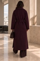 Długi płaszcz damski RITA burgundowy z paskiem elegancki płaszcz z wełną