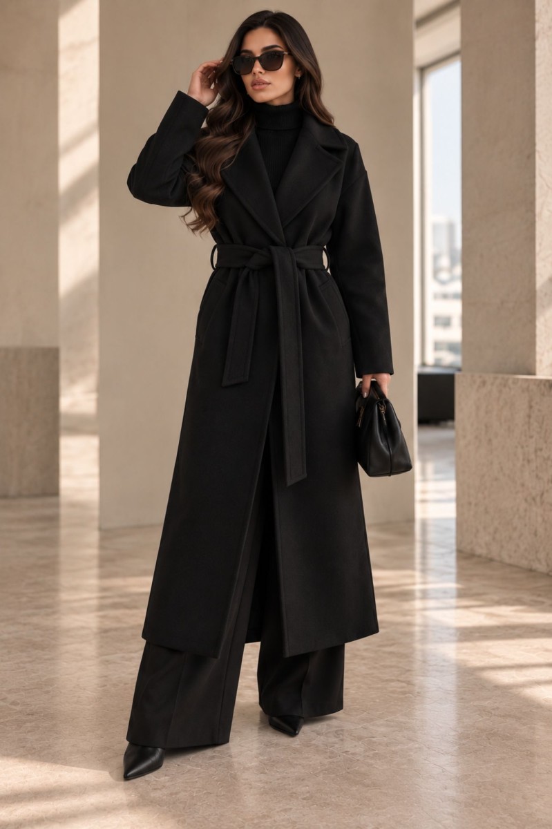 Długi płaszcz damski RITA czarny z paskiem elegancki płaszcz z wełną