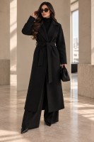 Długi płaszcz damski RITA czarny z paskiem elegancki płaszcz z wełną