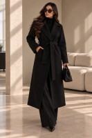 Długi płaszcz damski RITA czarny z paskiem elegancki płaszcz z wełną