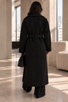 Długi płaszcz damski RITA czarny z paskiem elegancki płaszcz z wełną