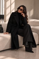 Długi płaszcz damski RITA czarny z paskiem elegancki płaszcz z wełną