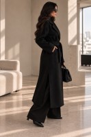 Długi płaszcz damski RITA czarny z paskiem elegancki płaszcz z wełną