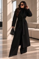 Długi płaszcz damski RITA czarny z paskiem elegancki płaszcz z wełną