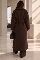 Długi płaszcz damski RITA czekoladowy z paskiem elegancki płaszcz z wełną