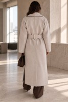 Długi płaszcz damski RITA beżowy melanż z paskiem elegancki płaszcz z wełną